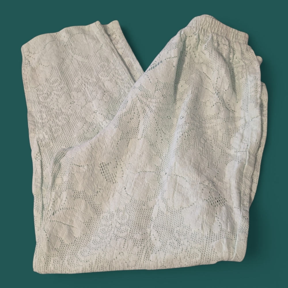 90s Vintage Women's Pastel Green Floral Lace Pajama Leisure Pants Size Small